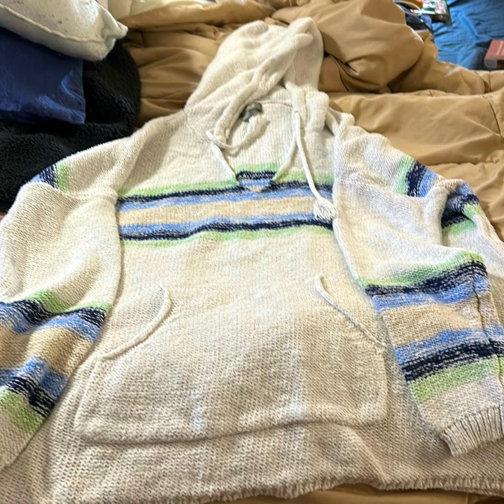 Cotton knit pullover white w stripes sweater XL women’s with front pocket & hood